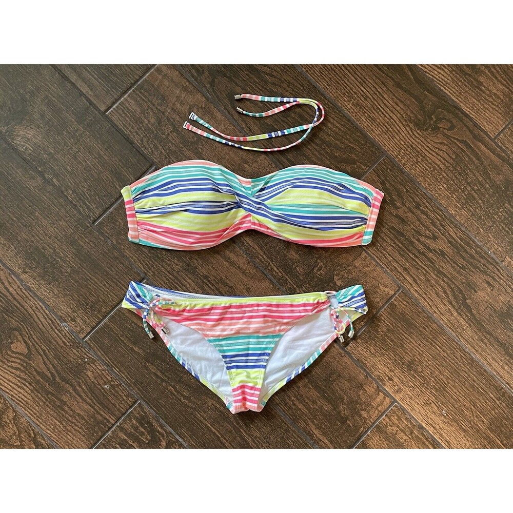 Body Glove Women’s Bikini XL Strapless Neon Color Stripes W/ Removable Straps